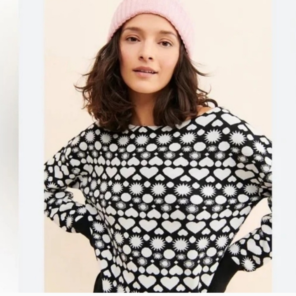 Anthropologie Maeve Boat Neck Sweater Black & White Heart SIZE LARGE - Picture 3 of 12